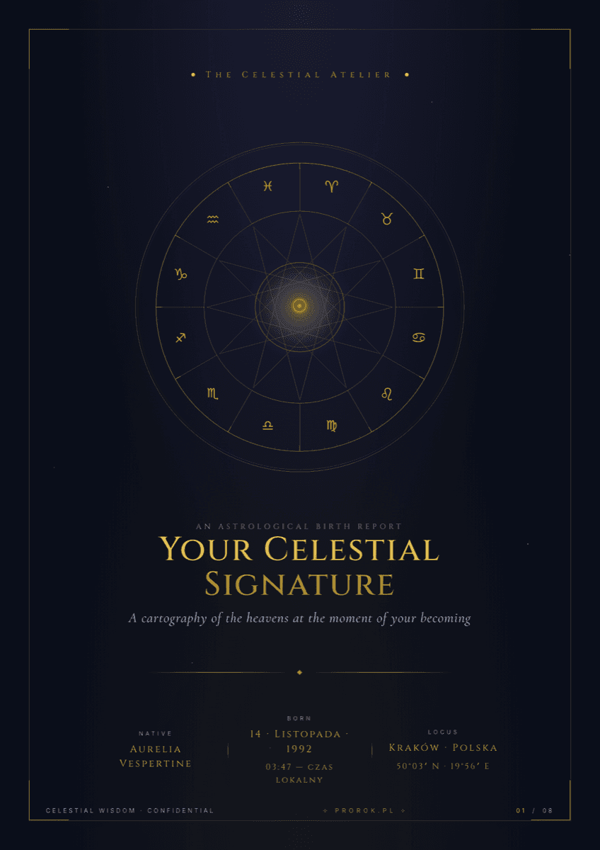 Okładka raportu astrologicznego PDF „Your Celestial Signature" — złoty kosmogram na granatowym tle