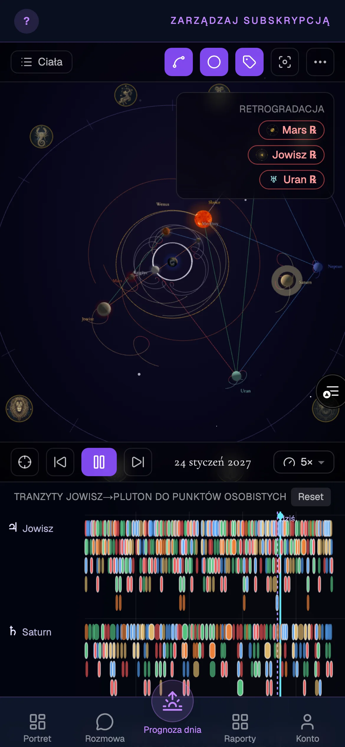 Widok AstroTranzyty 3D w dashboardzie prorok.pl — model geocentryczny i oś tranzytów Jowisz–Pluton