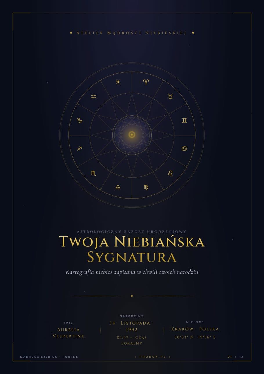 Okładka Astroportretu PDF — złoty kosmogram na granatowym tle